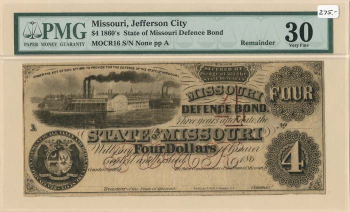 State of Missouri - $4 Jefferson City Missouri PMG #30 Graded